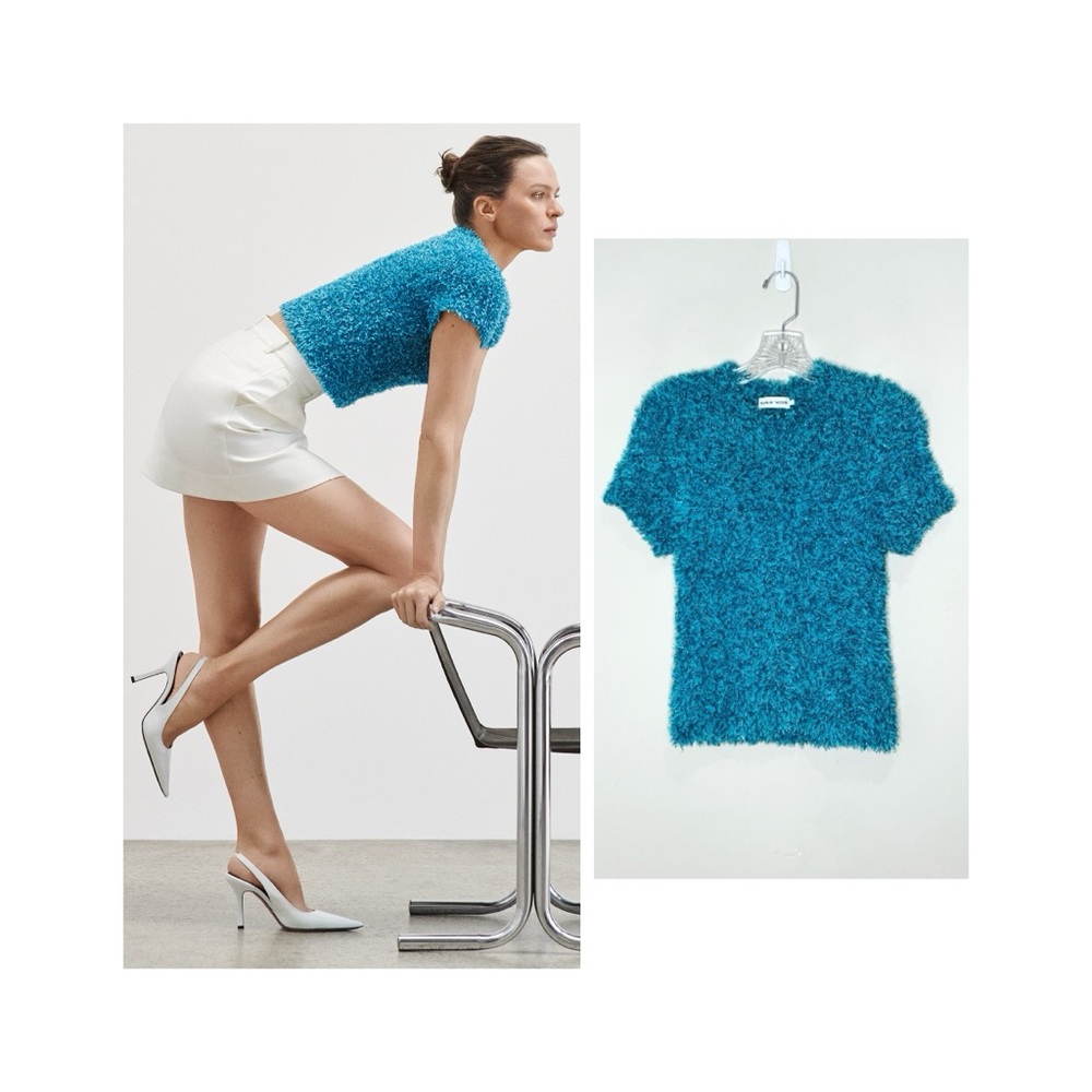 Scanlan Theodore Ribbon Knit Top (Sz S) Short Sleeve Textured Sweater Blue